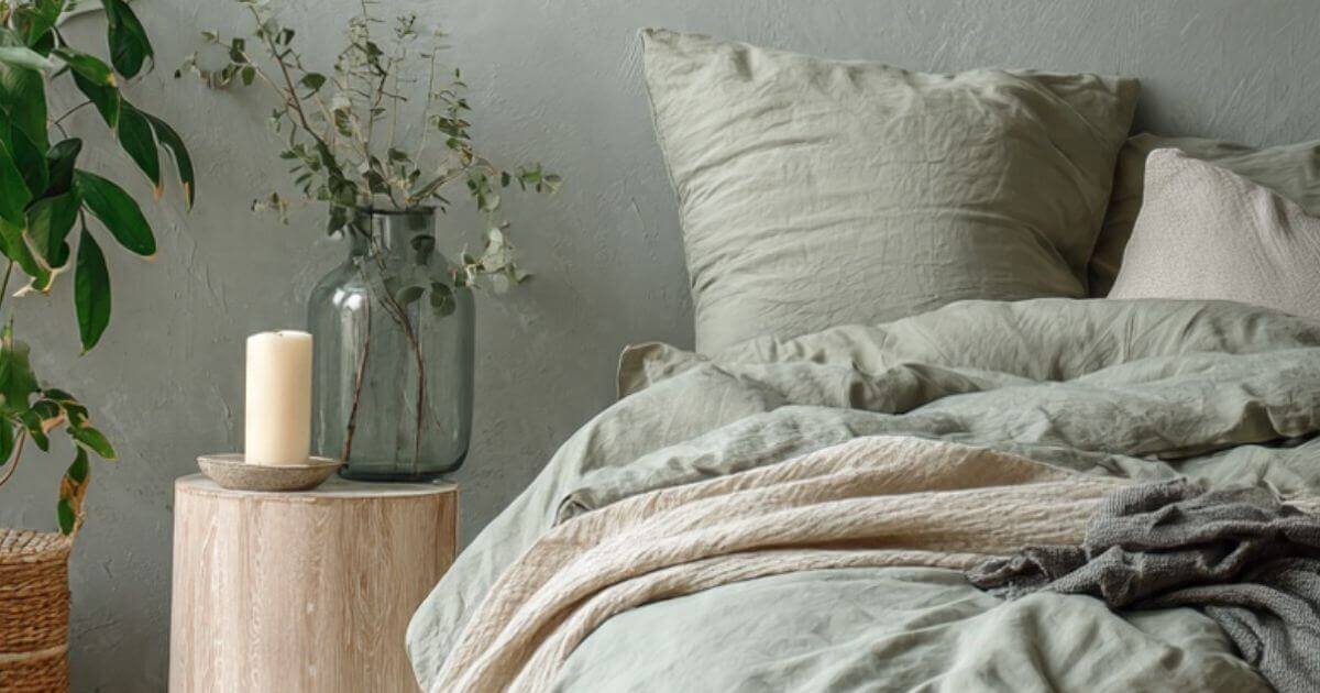 Calm sage green bedroom with tidy bed and empty floor space for ADHD mums 5 minute reset routine