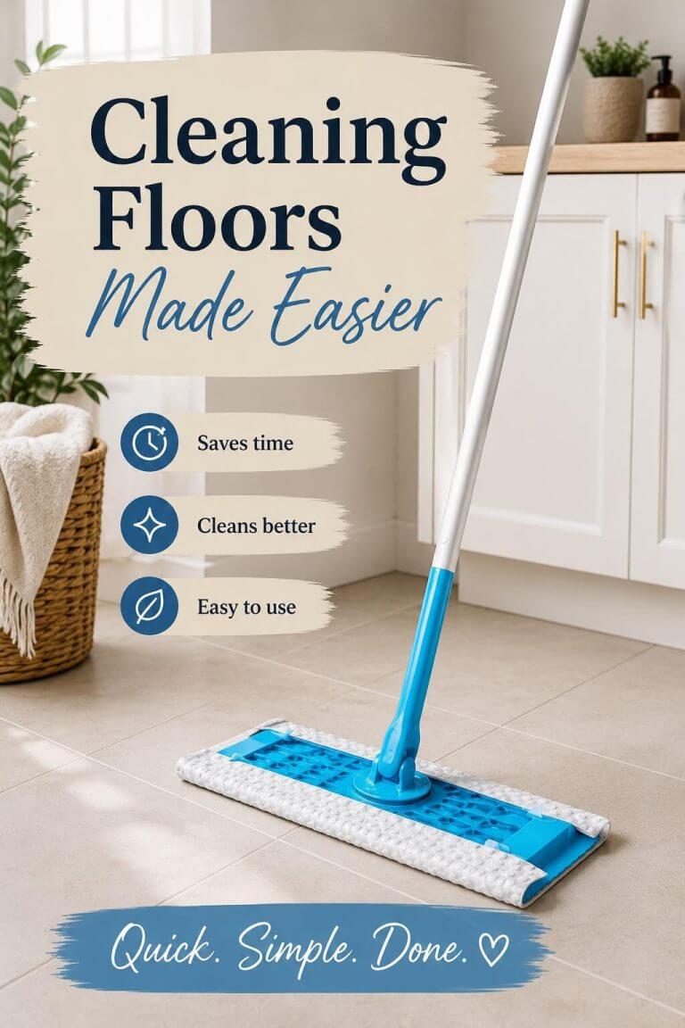 Blue and white flat mop with disposable wipe attached on beige tiled kitchen floor. Text overlay reads: Cleaning Floors Made Easier. Three benefit icons listed: Saves time with clock icon, Cleans better with sparkle icon, Easy to use with leaf icon. Tagline at bottom: Quick. Simple. Done. Bright kitchen background with white cabinets and wicker basket.