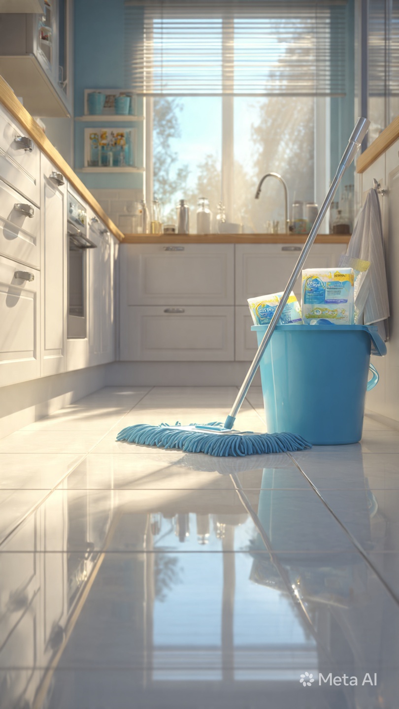Clean kitchen floor with mop, bucket, Zoflora disinfectant and Flash Speedmop wipes for 5-minute cleaning hack