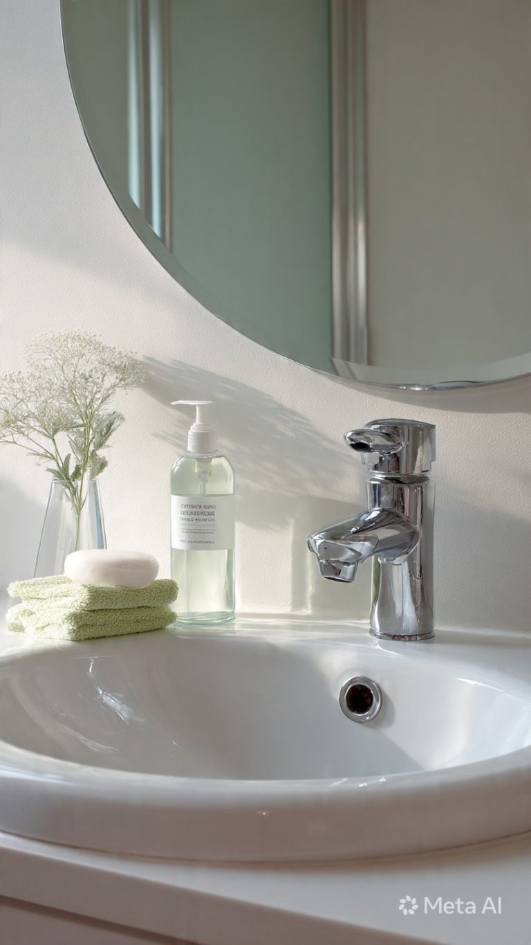 Clean white bathroom sink and mirror with white vinegar spray bottle and microfiber cloth for 5-minute cleaning hack