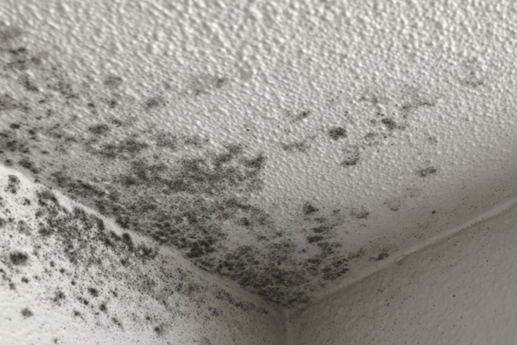 Close-up of black mould spots on UK bathroom ceiling corner caused by condensation before cleaning