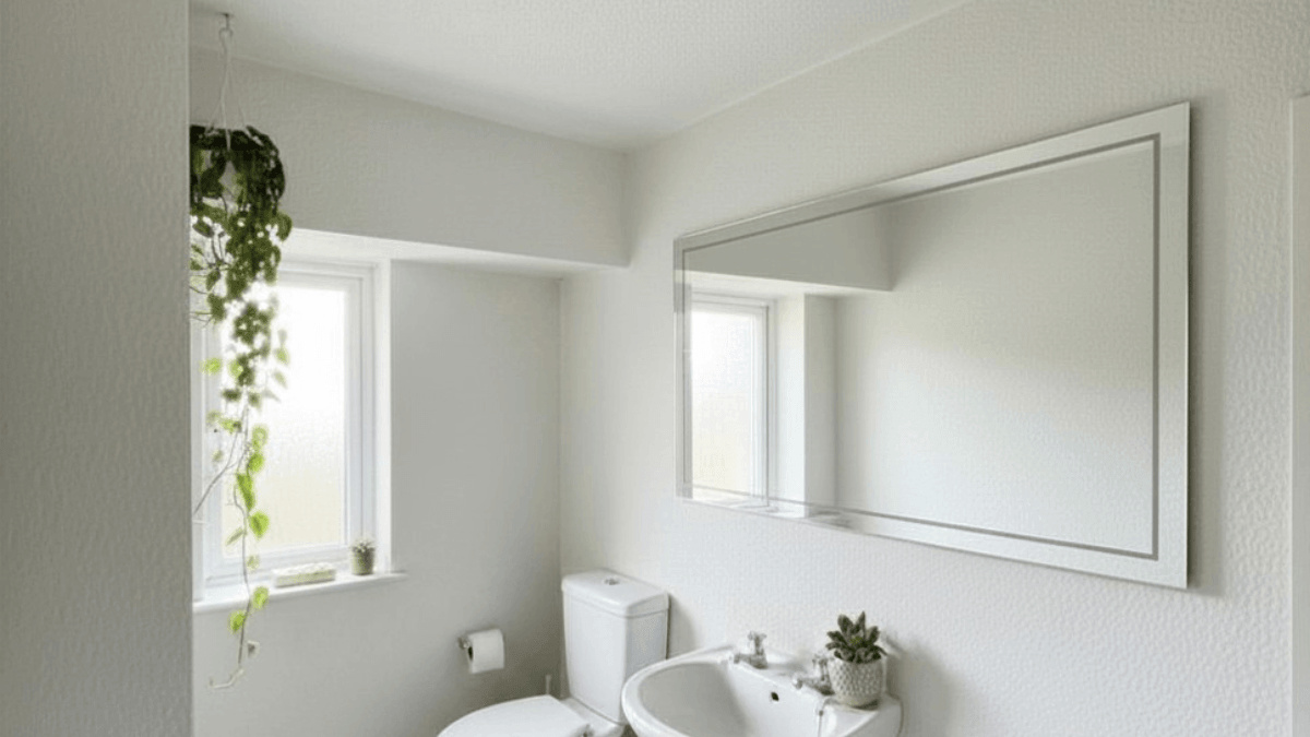 Mouldy textured bathroom ceiling corner above white toilet in UK home before using 5 minute cleaning method